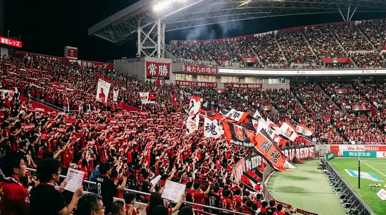 Gradas de un estadio de la J.League repletas de aficionados con banderas y bufandas de colores durante un partido