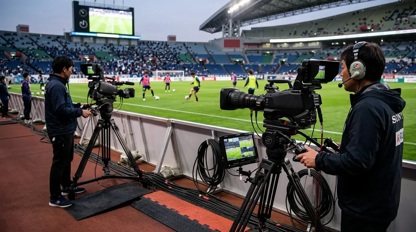 Cámaras de televisión de DAZN retransmitiendo un partido de la J.League desde la banda del estadio