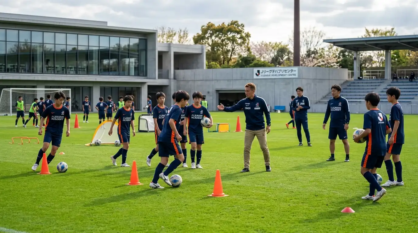 Jóvenes futbolistas japoneses entrenando en un campo de academia con conos y equipamiento